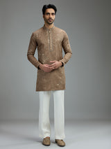 Taupe brown mens aabla embroidered kurta suit