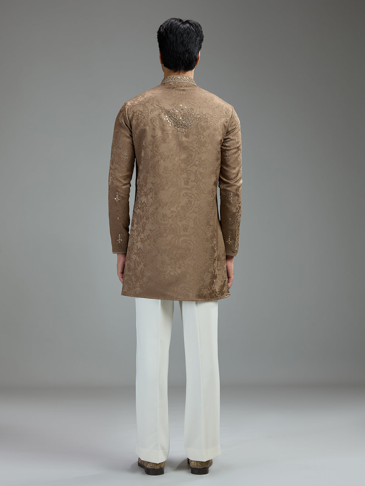 Taupe brown mens aabla embroidered kurta suit