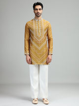 Mehendi mustard yellow mens festive bandhani kurta suit