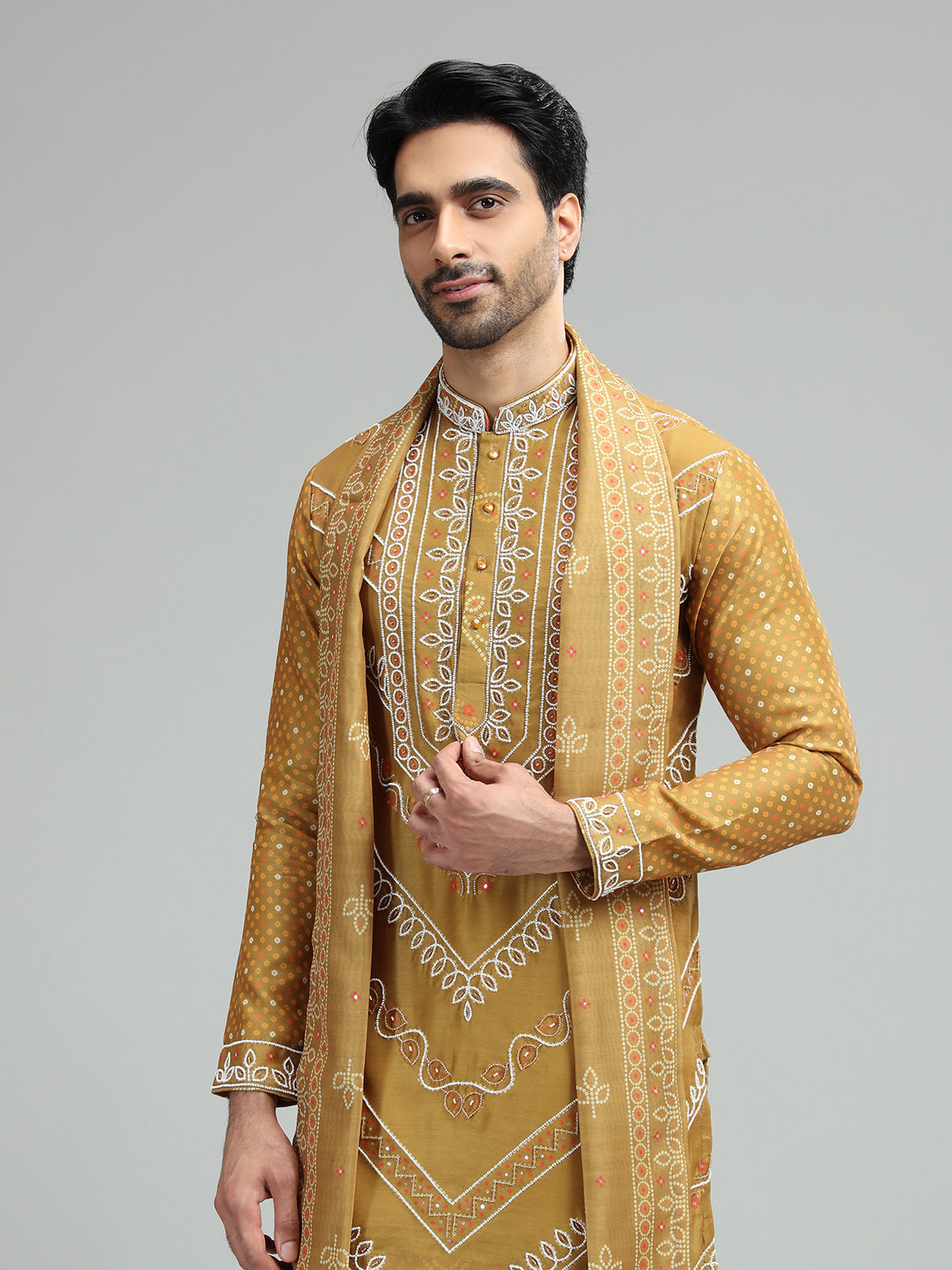 Mehendi mustard yellow mens festive bandhani kurta suit
