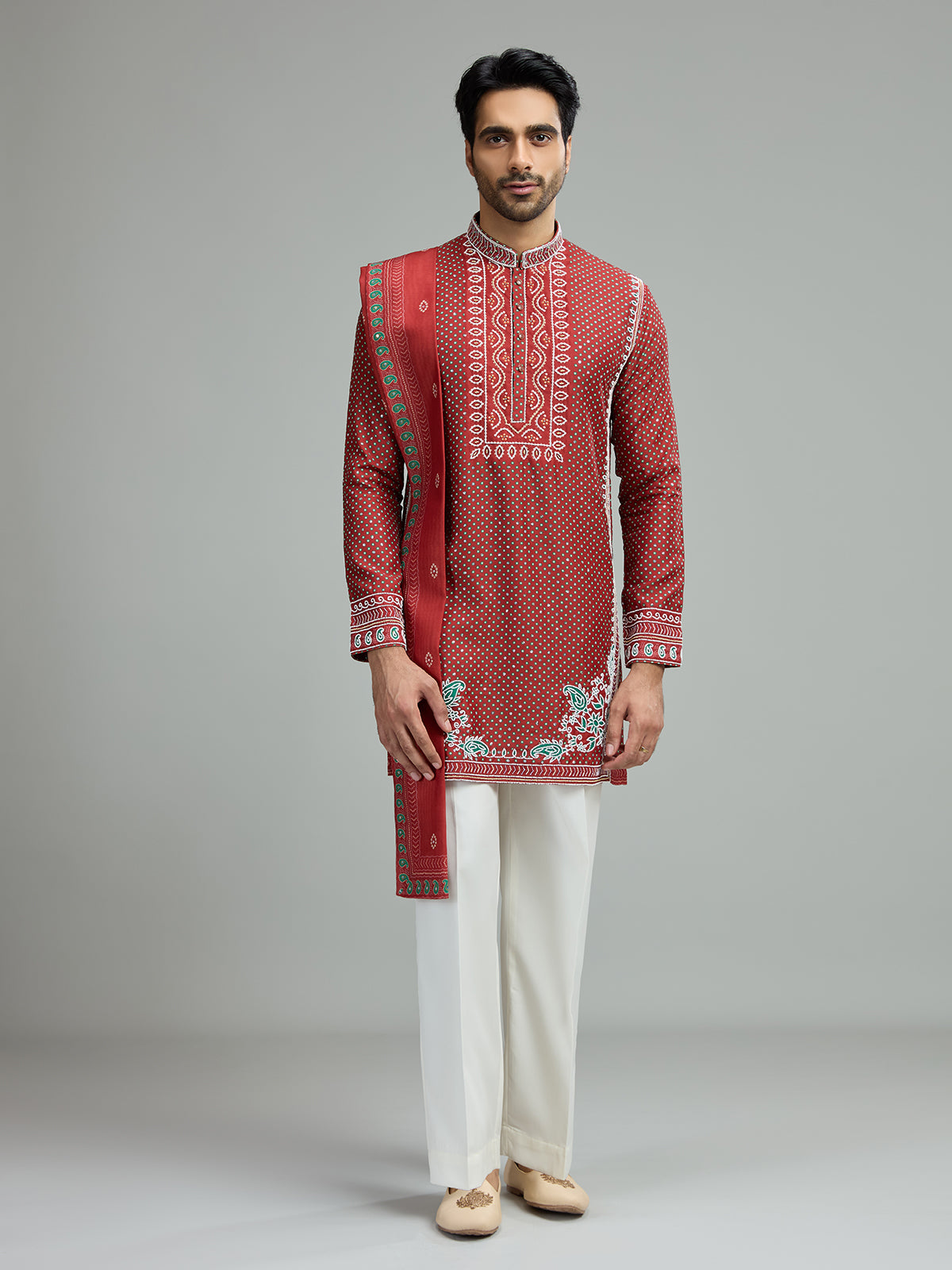 Deep maroon mens mughal bandhani kurta suit