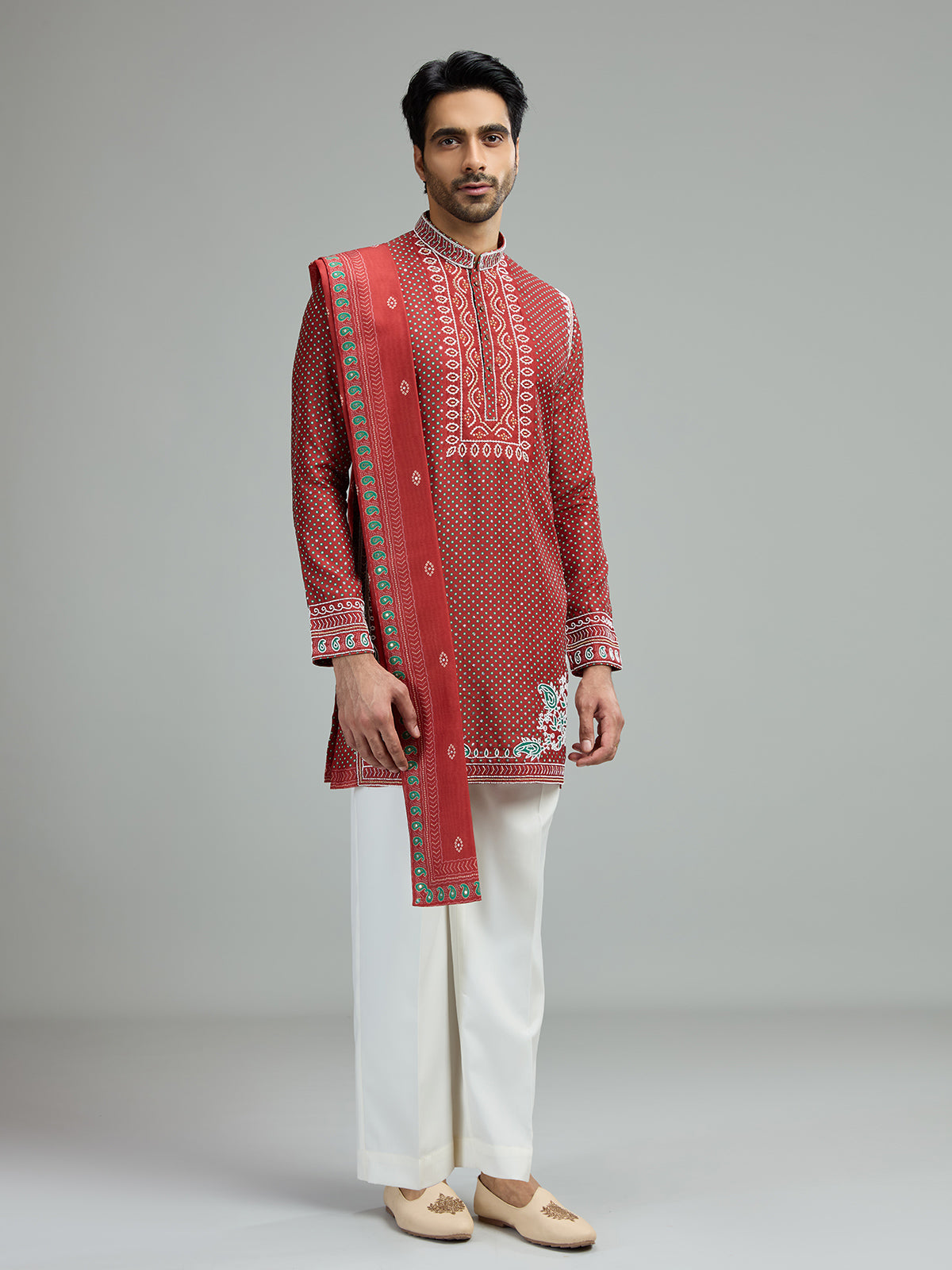 Deep maroon mens mughal bandhani kurta suit