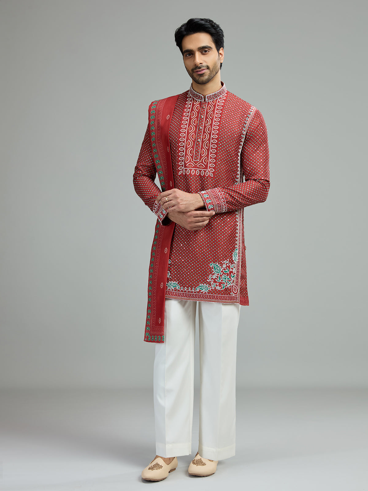 Deep maroon mens mughal bandhani kurta suit