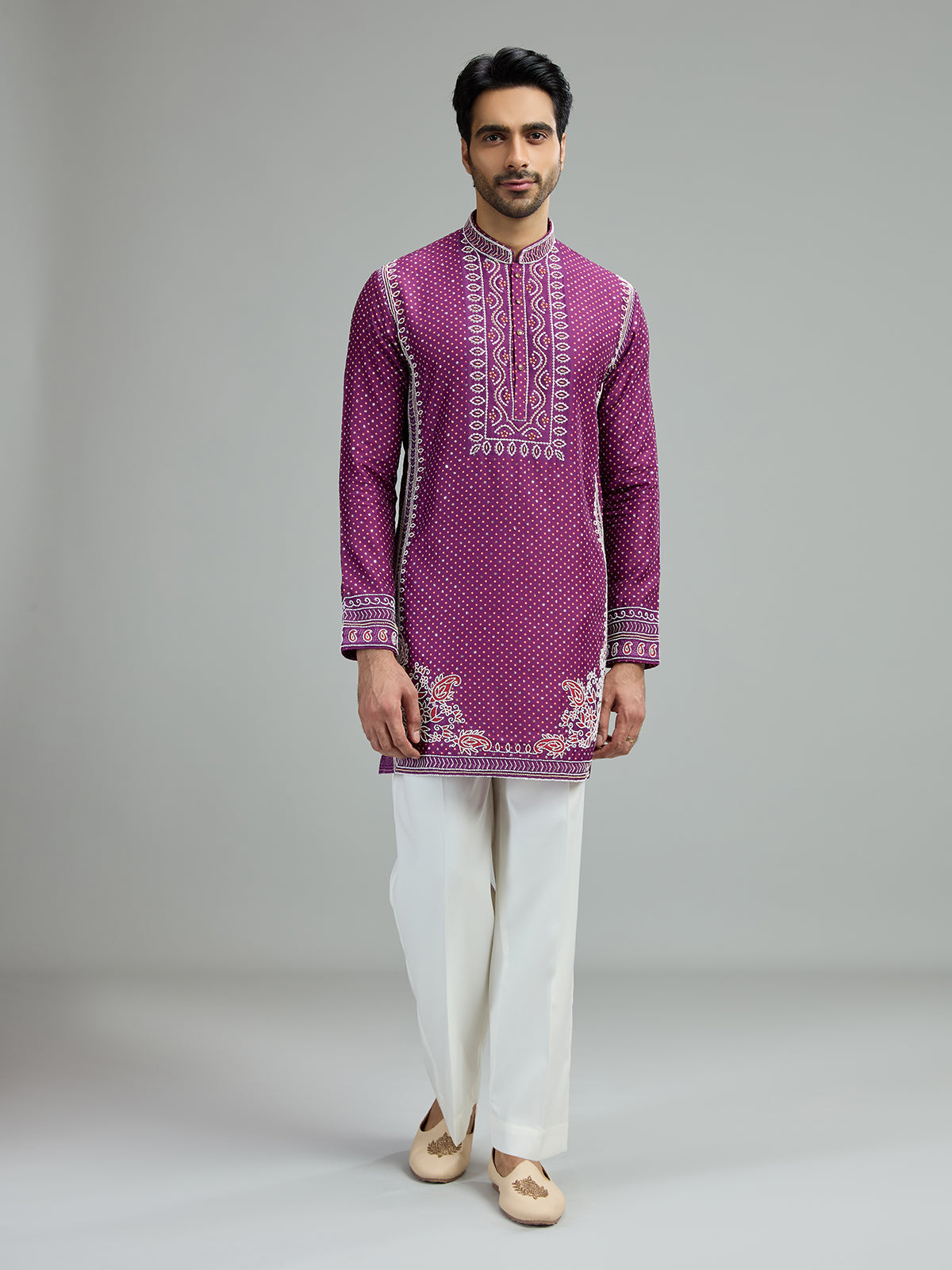 Plum purple mens mughal bandhani kurta suit