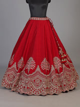 Red raw silk unstitched lehenga choli with intricate zardosi detailing