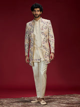 Beige embroidered bandhgala indo western for men