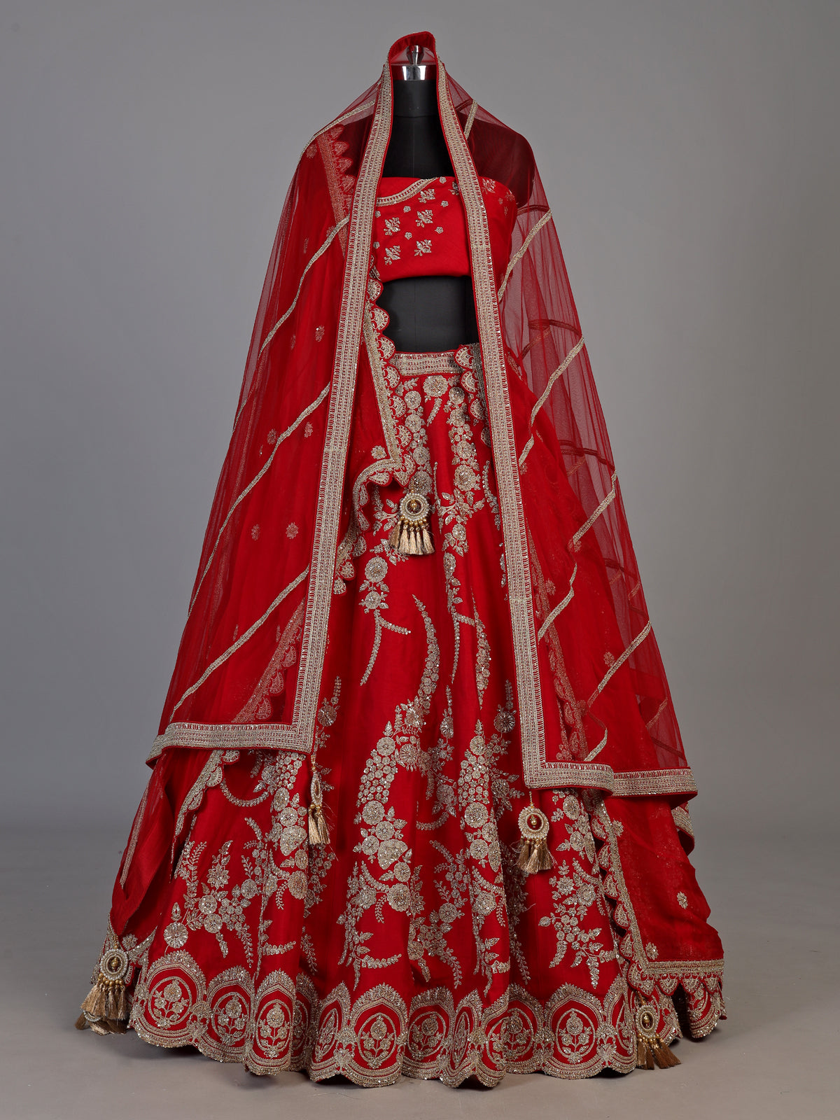 Red raw silk unstitched lehenga choli with luxurious double dupattas