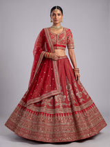 Red silk blend unstitched lehenga choli with pearl embellishments