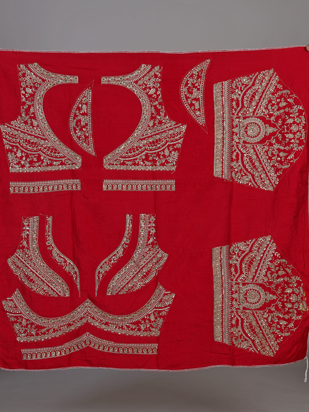 Red silk blend unstitched lehenga choli with pearl embellishments