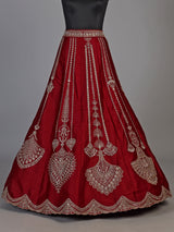 Maroon raw silk unstitched lehenga choli with resham double dupattas