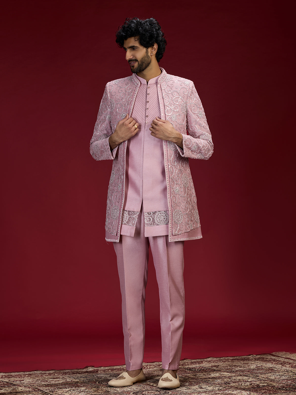 Pink medallion embroidered indo western for men