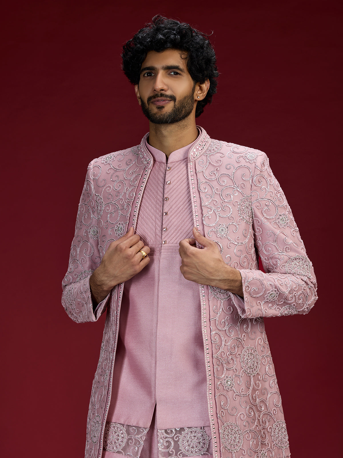 Pink medallion embroidered indo western for men