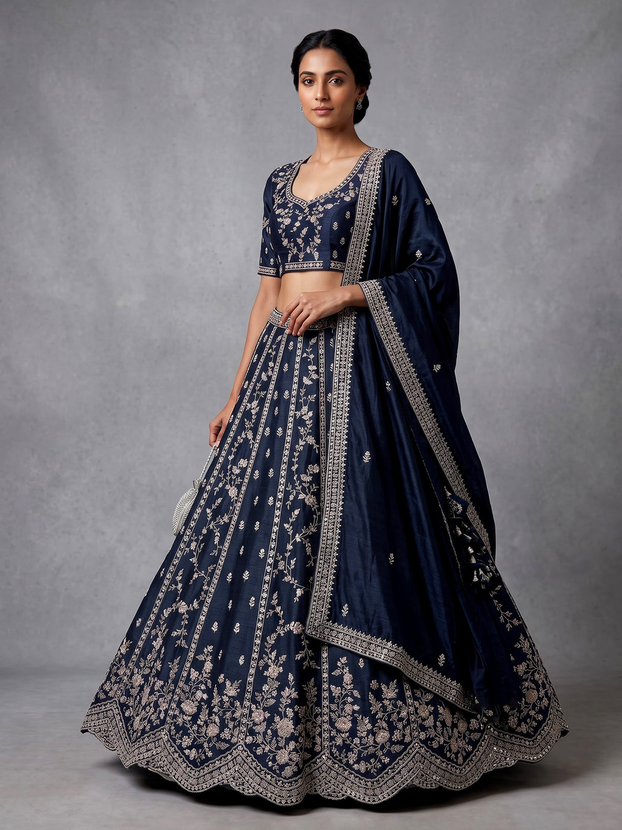 Navy silk blend unstitched lehenga choli with sparkling embellishments