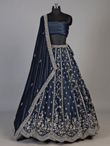 Navy silk blend unstitched lehenga choli with sparkling embellishments