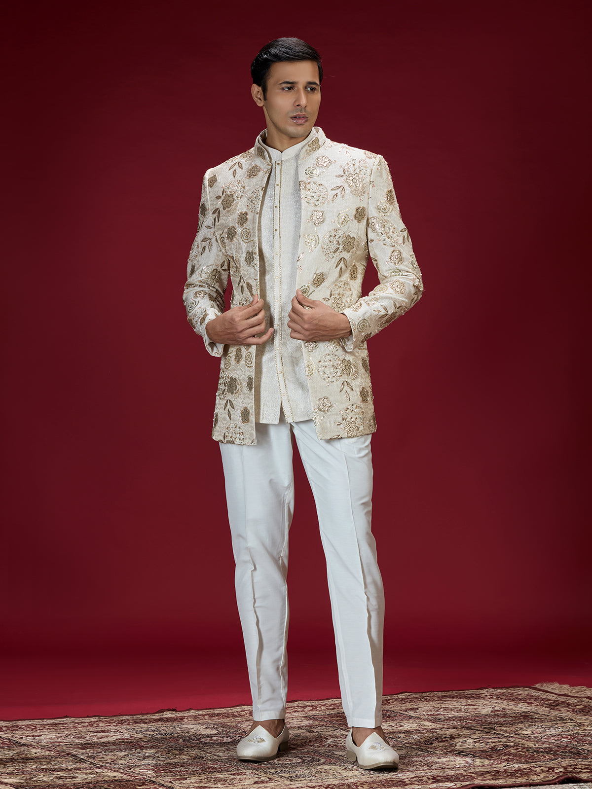 Cream brocade embroidered indo western for men