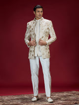 Cream brocade embroidered indo western for men