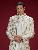 Cream brocade embroidered indo western for men