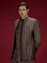 Brown geometric satin indo western for men