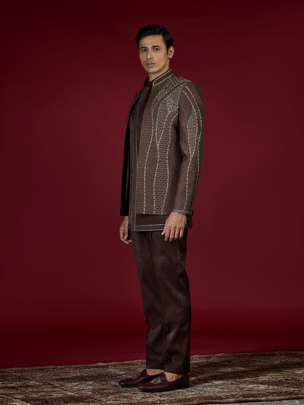 Brown geometric satin indo western for men