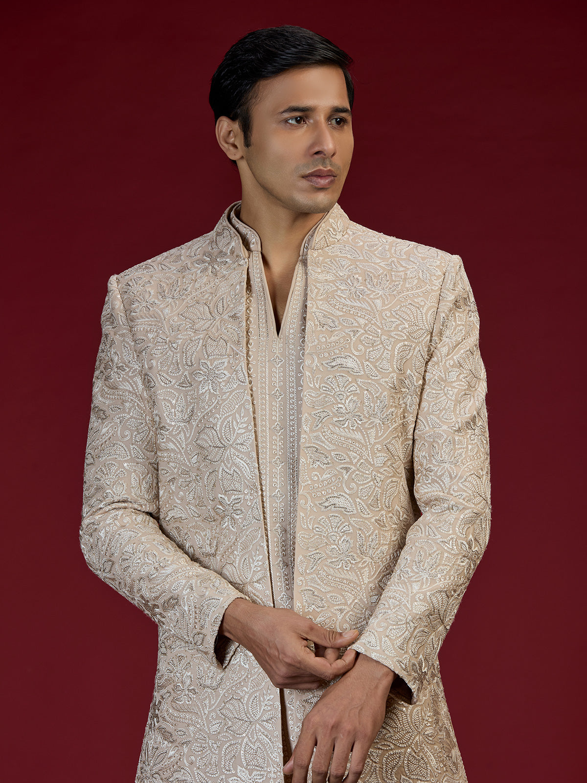 Warm beige kashmiri embroidered indo western for men