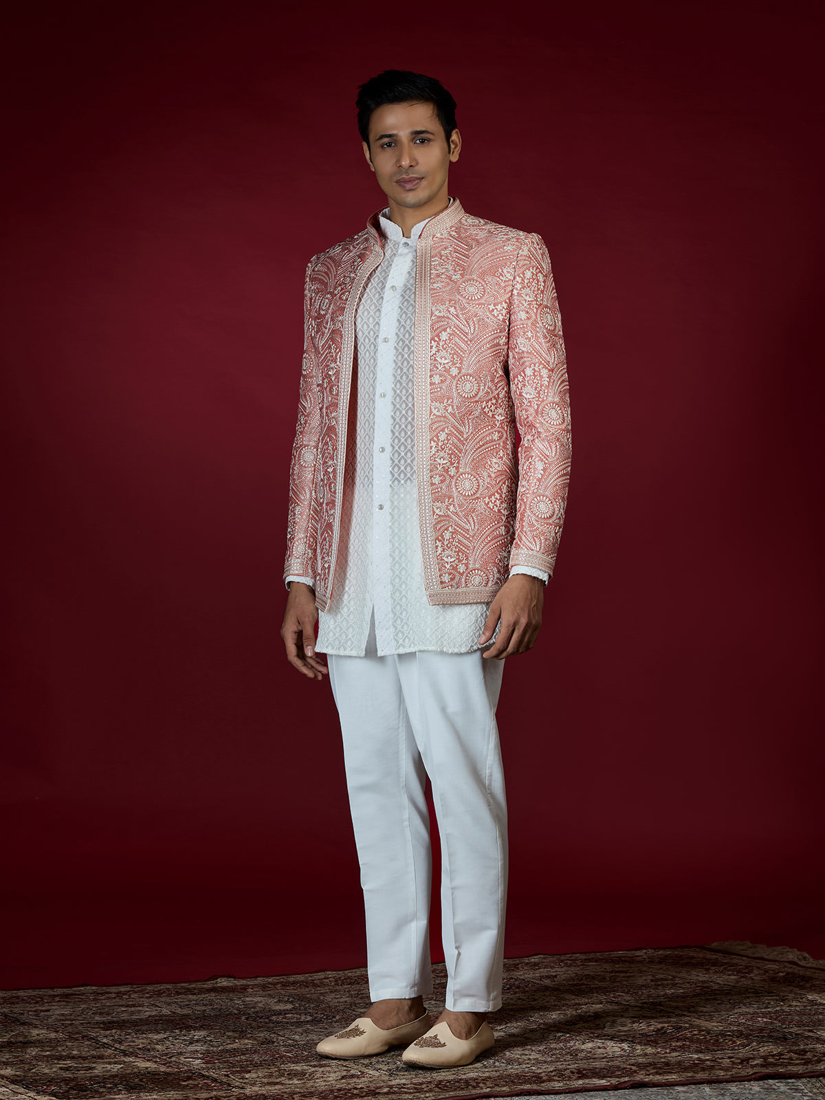 Dusty peach chikankari style indo western for men