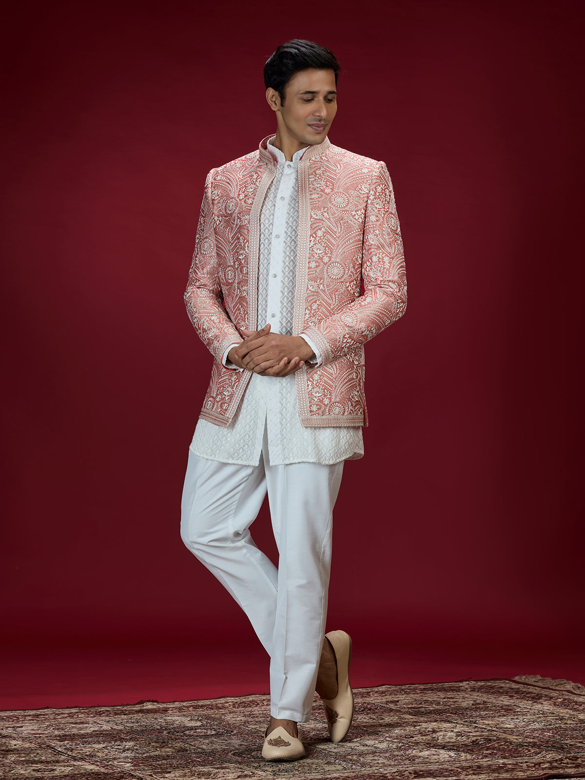 Dusty peach chikankari style indo western for men
