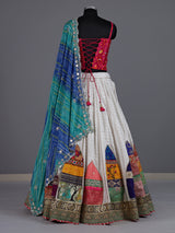 White silk blend lehenga choli with intricate traditional embellishments