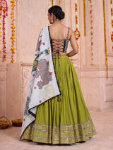 Parrot green pure silk blend lehenga choli with mirror embellishments