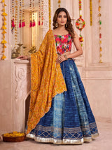 Blue pure silk blend lehenga choli with elegant gota detailing