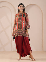 Maroon scalloped hem printed with harem indowestern suit