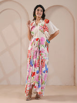 White hand embellished printed drape indowestern suit