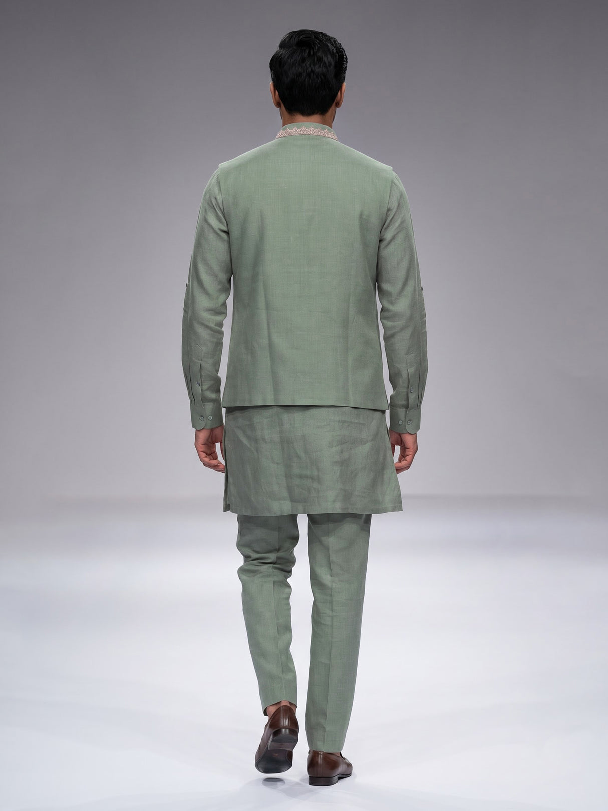 Pista green cotton linen mens waistcoat set with floral detailing