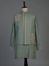 Pista green cotton linen mens waistcoat set with floral detailing