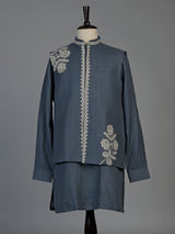 Dark grey cotton linen mens waistcoat set with floral threadwork