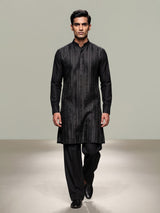 Black silk blend mens kurta suit with elegant thread detailing