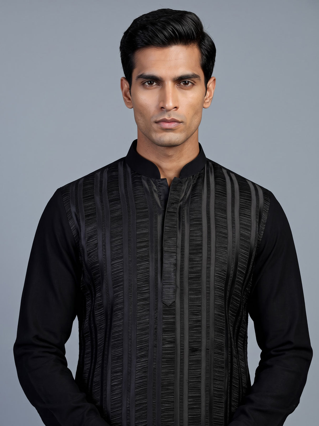 Black silk blend mens kurta suit with elegant thread detailing