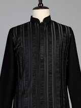 Black silk blend mens kurta suit with elegant thread detailing