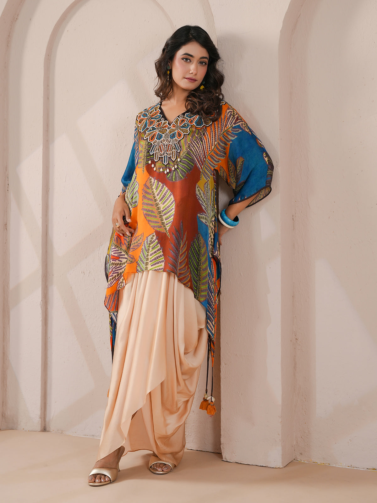Multicolor embellished hand regline kurta indowestern drape skirt