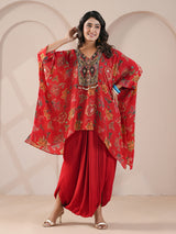 Red floral printed embellished kaftan with indowestern suit