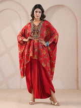 Red floral printed embellished kaftan with indowestern suit