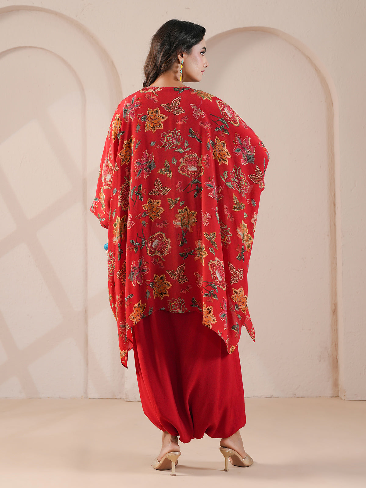 Red floral printed embellished kaftan with indowestern suit
