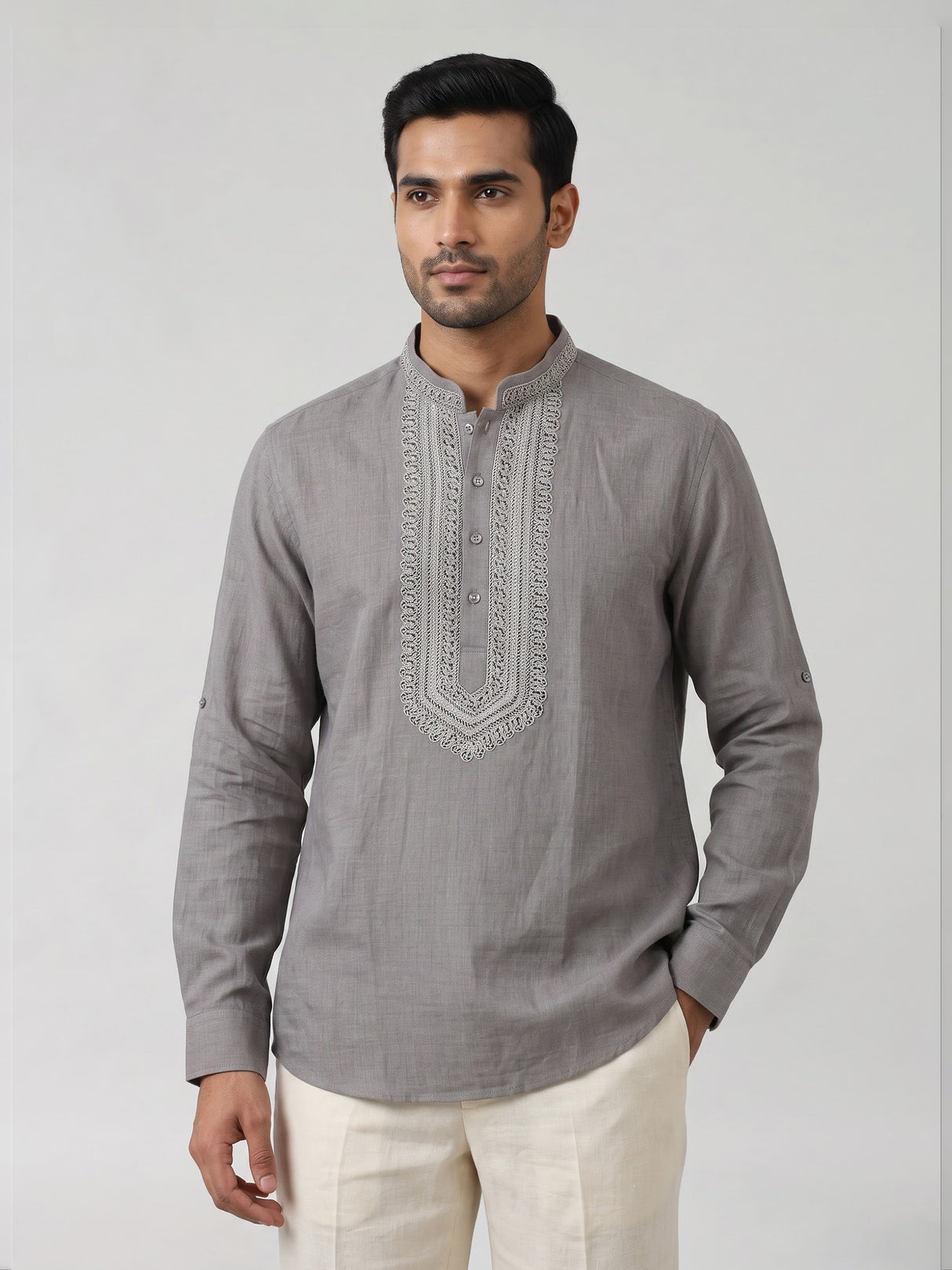 Grey cotton linen mens short kurta with refined threadwork