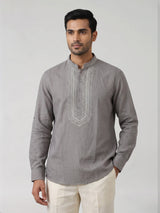 Grey cotton linen mens short kurta with refined threadwork