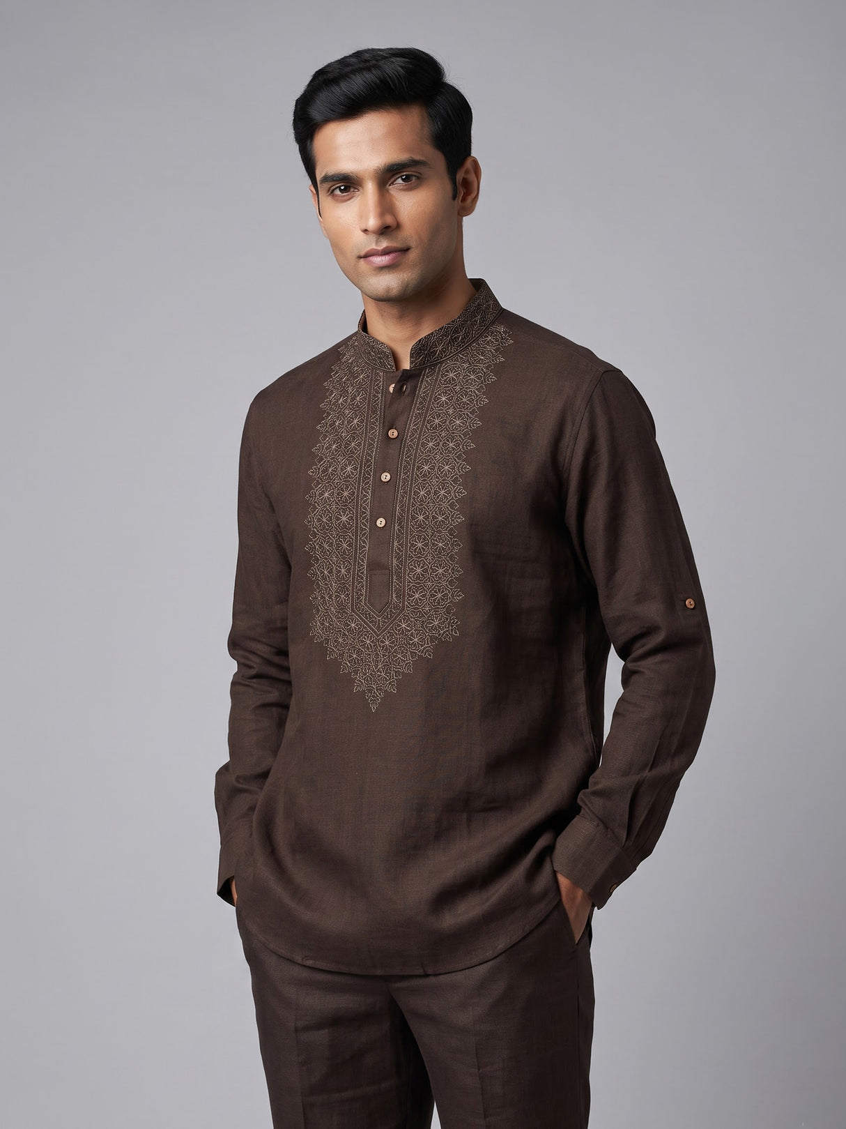 Coffee brown cotton linen mens short kurta with embroidery