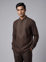 Coffee brown cotton linen mens short kurta with embroidery