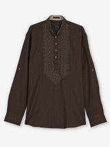 Coffee brown cotton linen mens short kurta with embroidery