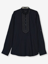 Navy cotton linen mens short kurta with threadwork