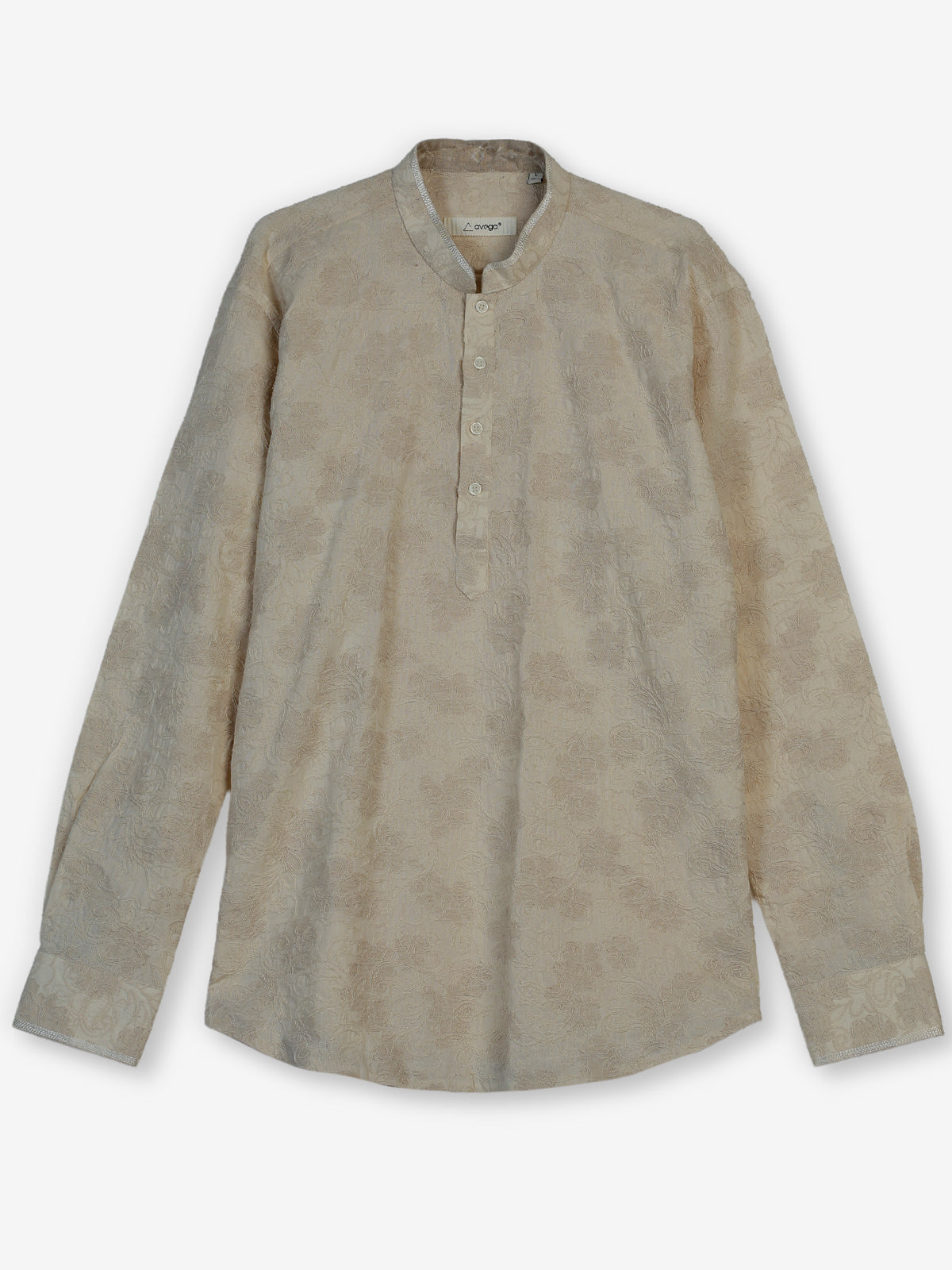 Beige cotton jacquard mens short kurta with floral threadwork