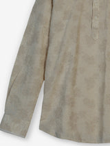 Beige cotton jacquard mens short kurta with floral threadwork