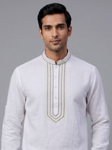 White botanical embroidered kurta for men